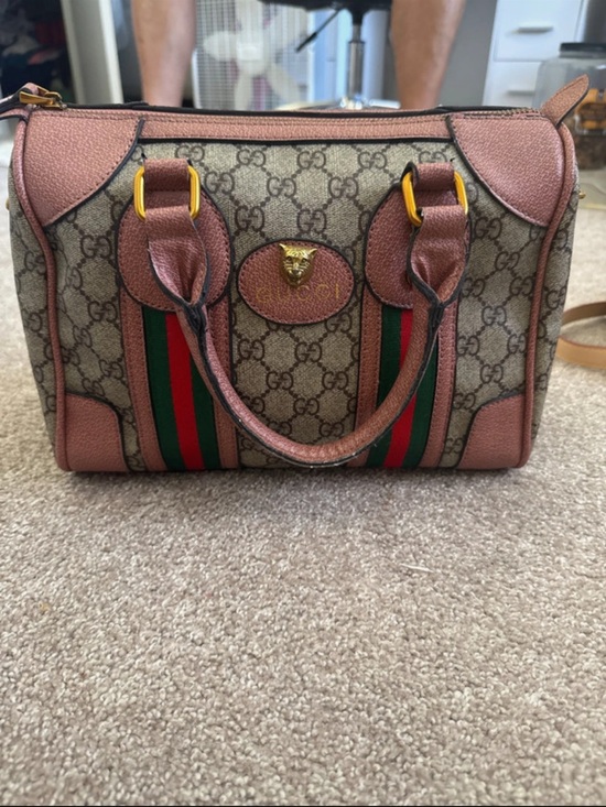 Gucci Handbags - Gucci Brown Monogram Satchel with Pink Trim and Green-Red Web